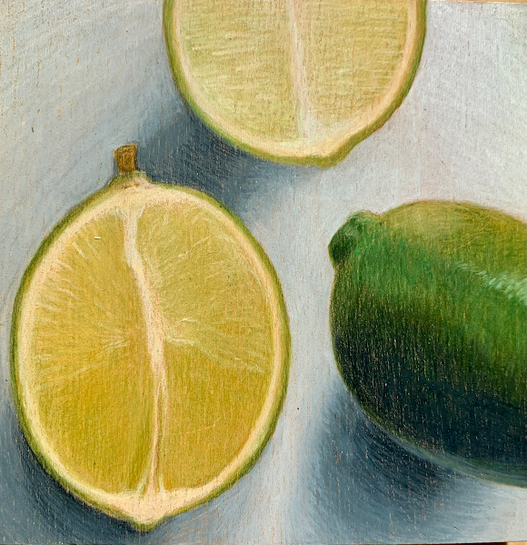 Two Limes, mixed media on panel, 4" x 4", SOLD.