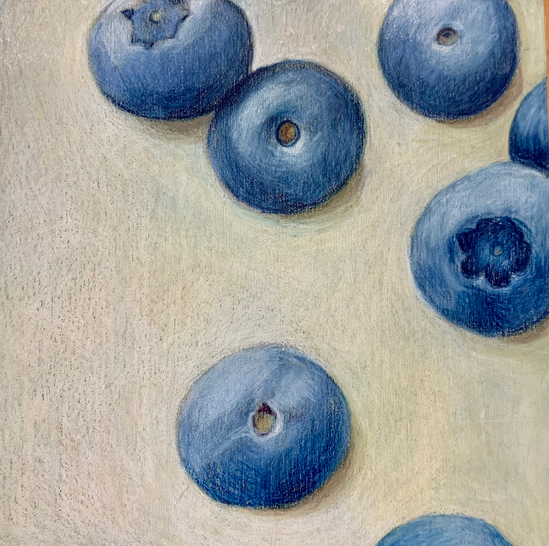 Blue Berries, mixed media on panel, 4" x 4", SOLD. Original works are not available for sale online. Please call or email to purchase.