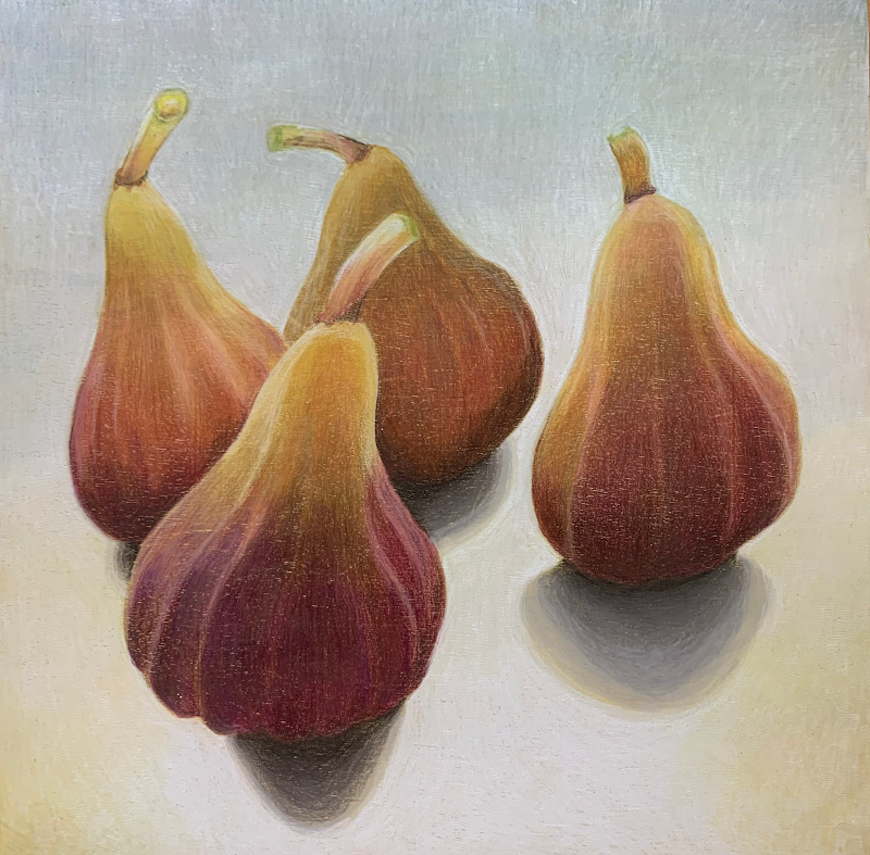 Four Figs, mixed media on panel, 8" x 8", SOLD. Original works are not available for sale online. Please call or email to purchase.