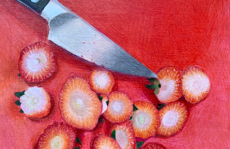 Strawberry Tops, mixed media on panel, 4" x 6", private collection.