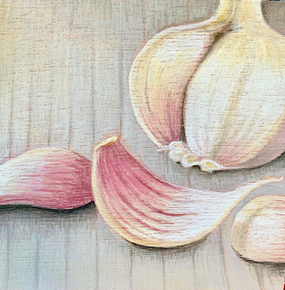 Three Cloves, mixed media on panel, 4" x 4", private collection.