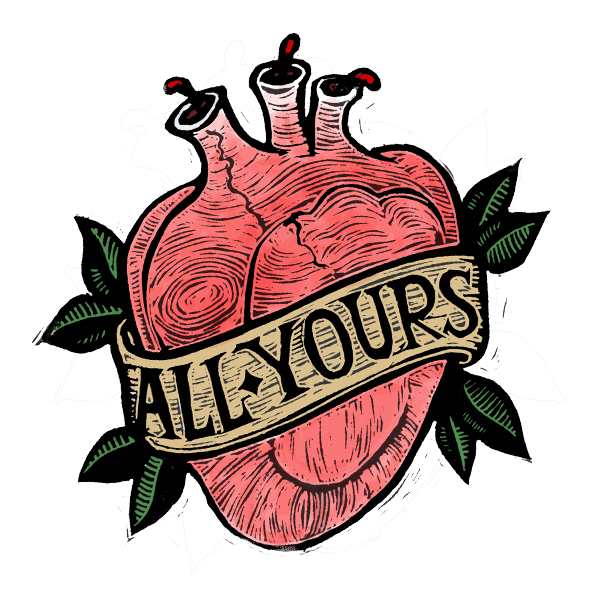 All Yours, hand-colored relief print on paper, 8" x 10". Original prints are available framed, matted, or unframed, and on a greeting card.